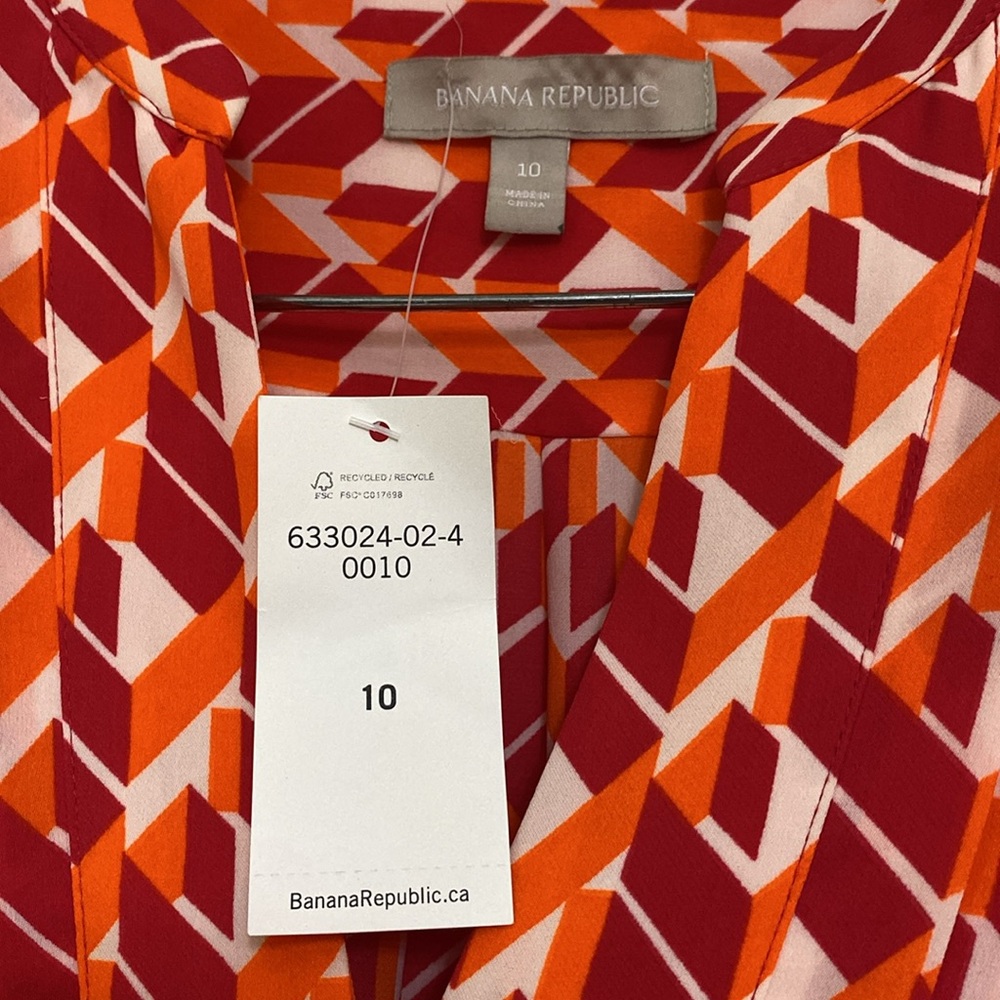 New Banana Republic Geometric Print Belt Front Pleated Dress OrangeMulti Size10 - Picture 4 of 15